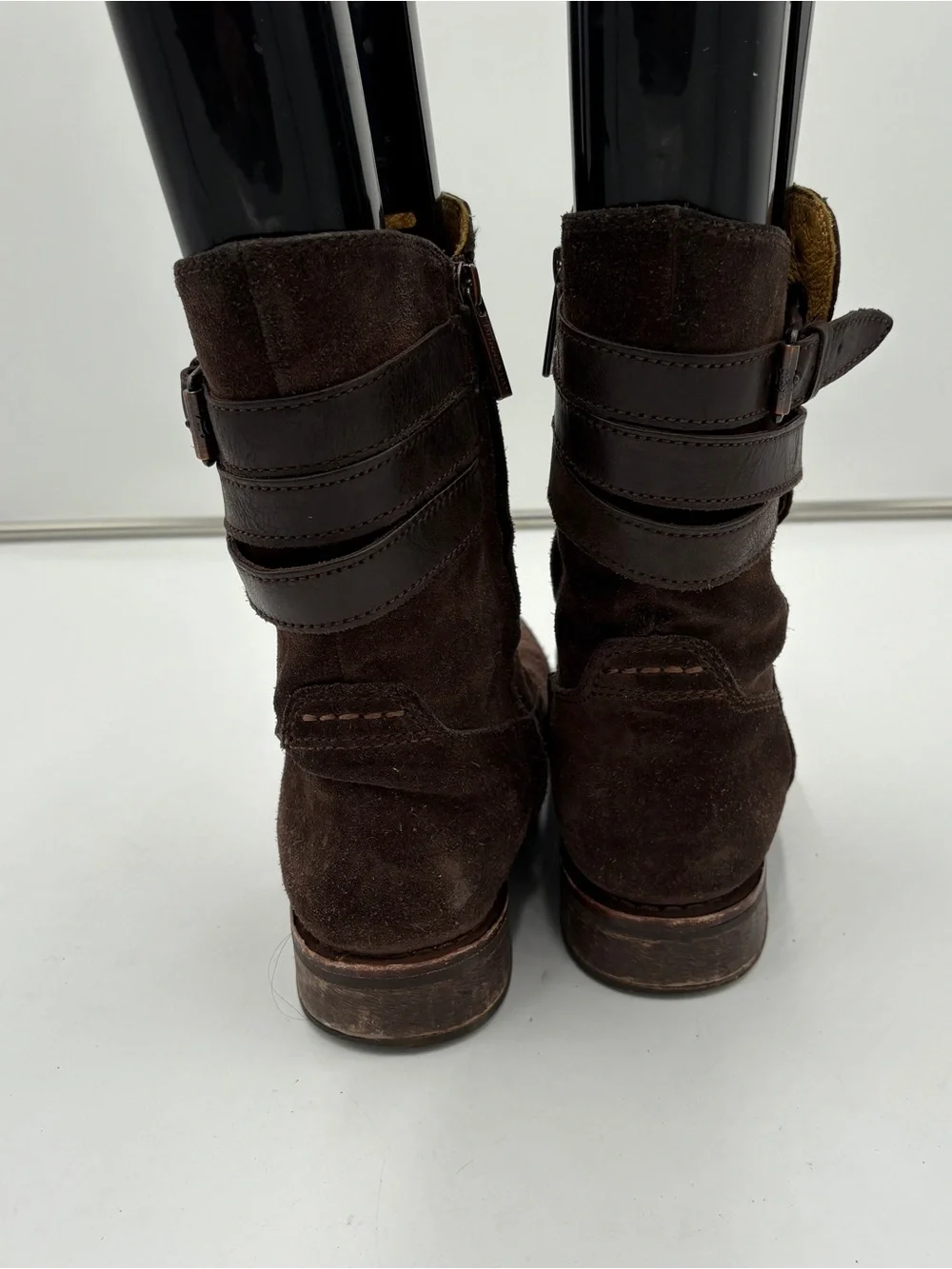 Bussola Biella Chocolate Brown Espresso Suede Low Riding Boot Strappy Buckle 39